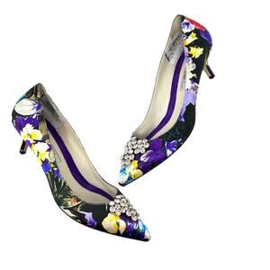 Brian‎ Atwood Jael Kitten Heel Pumps Satin Floral Embellished Size 39 US 8